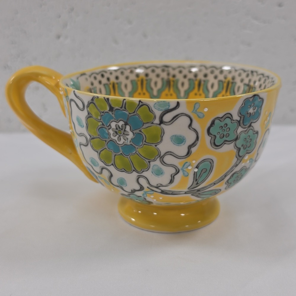 Anthropologie Elka Ayaka Pedestal Cup Mug Yellow Teal Floral Twisted Handle 10oz - Picture 3 of 11